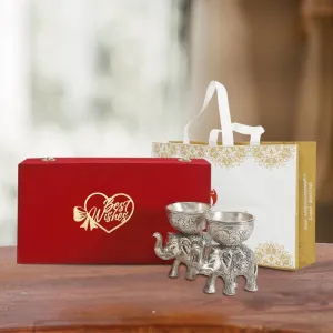 Silver Plated Elephant Bowl Showpiece Oxidized Finish with Best Wishes Tag