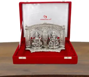 Silver Plated Laxmi Ganesh Idol Statue with Velvet Box & Carry Bag | for Pooja, Mandir & Return Gift Showpiece