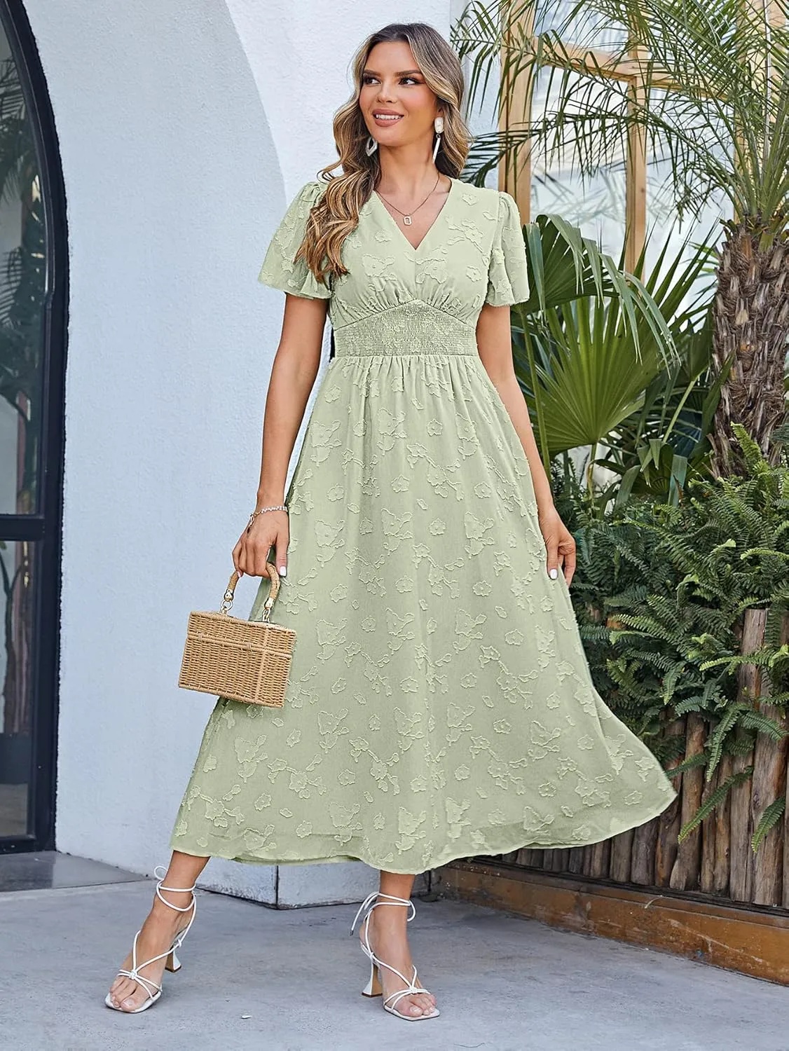 Simplee Women's Boho Floral Maxi Dress Flowy Casual V Neck Short Sleeve Wedding Guest Holiday Beach Long Dress