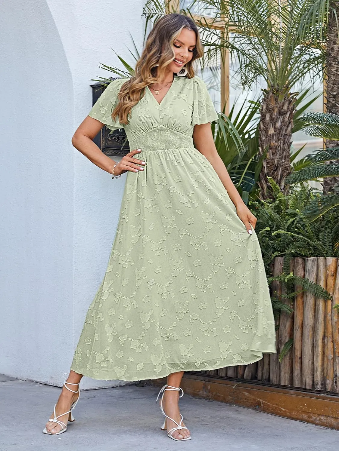 Simplee Women's Boho Floral Maxi Dress Flowy Casual V Neck Short Sleeve Wedding Guest Holiday Beach Long Dress