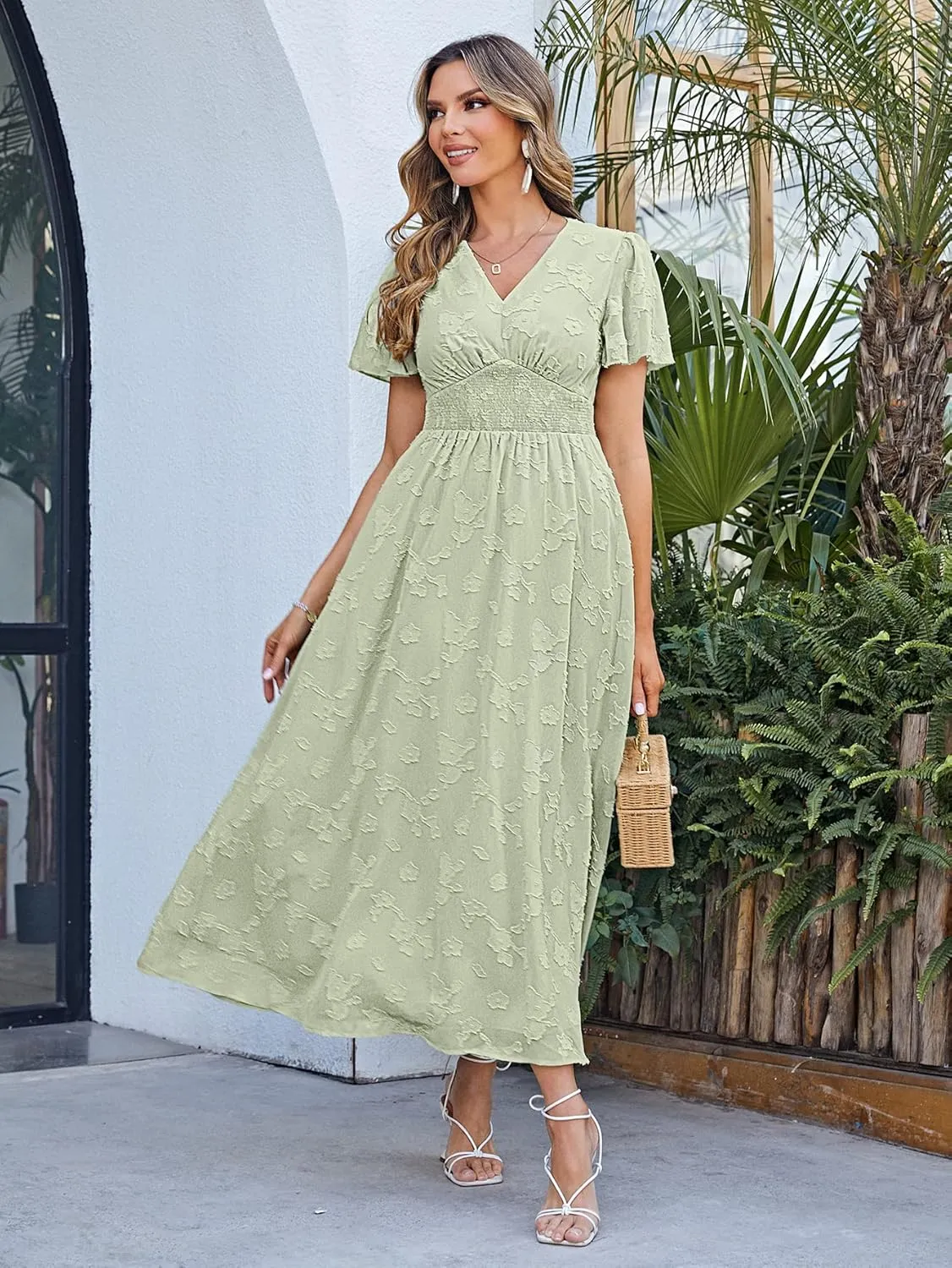 Simplee Women's Boho Floral Maxi Dress Flowy Casual V Neck Short Sleeve Wedding Guest Holiday Beach Long Dress