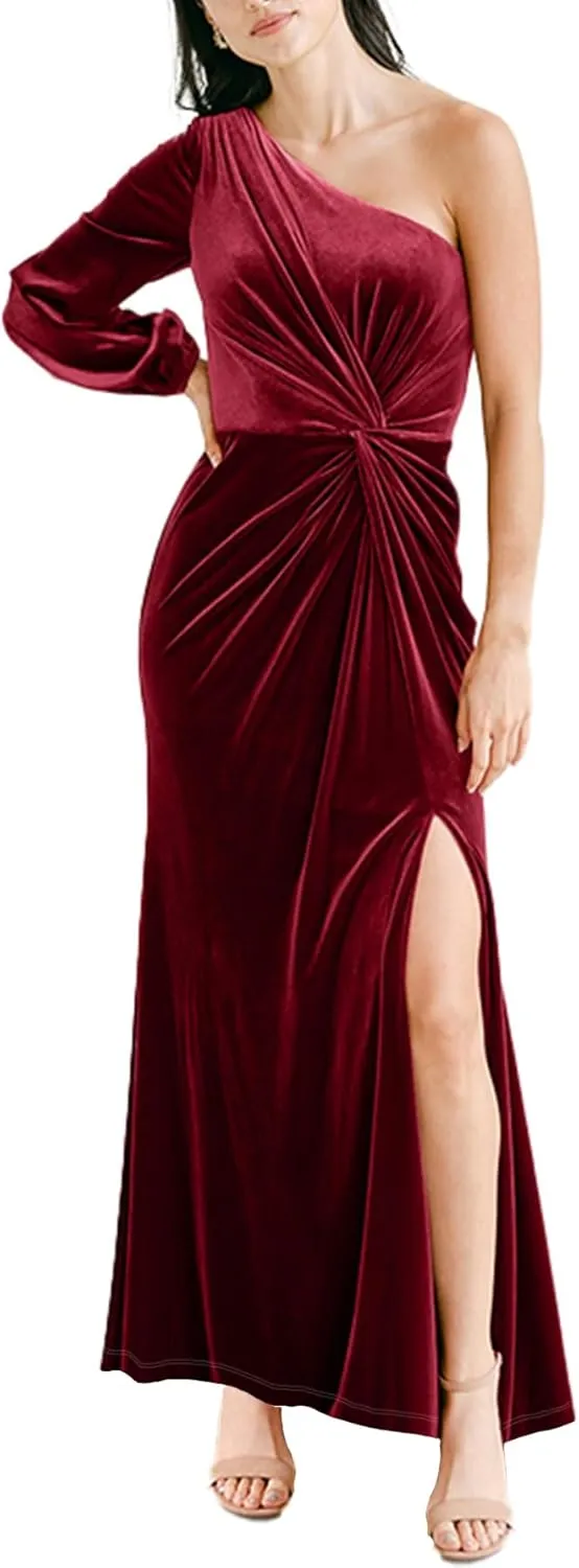 Simplee Women's One Shoulder Long Sleeve Velvet Dress Fall Wedding Guest Long Dresses Semi Formal Party Prom Dress with Slit (Burgundy L)