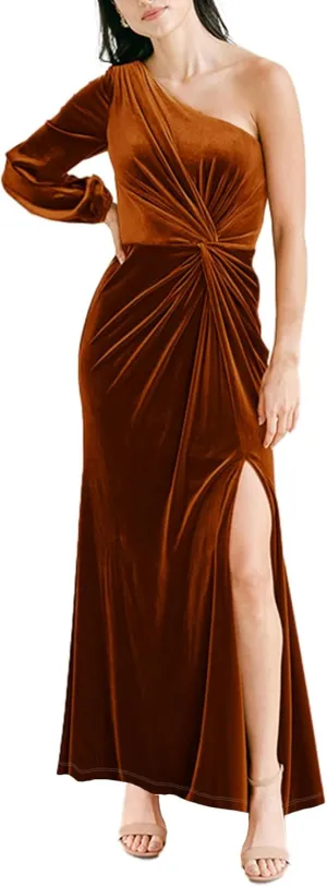 Simplee Women's One Shoulder Long Sleeve Velvet Dress Fall Wedding Guest Long Dresses Semi Formal Party Prom Dress with Slit (Burnt Orange XL)