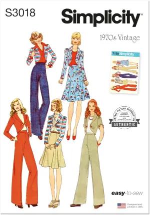 Simplicity SS3018H5 Misses' Vintage 1970's Wide Leg Pants, Flared Skirt and Jacket Sewing Pattern Packet, Design Code S3018, Sizes 6-8-10-12-14, Multicolor