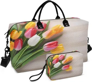Sinestour Wooden Tulip Flowers Travel Duffel Bag for Men Women with Makeup Bag Weekend Overnight Carry On Bags for Airline Under Seat Travel