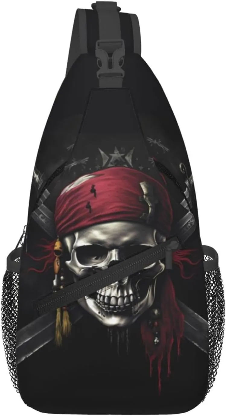Skull Pirates Sling Bag for Women Men, Adjustable Rope Crossbody Single Shoulder Bag for Travel Hiking Cycling Gift