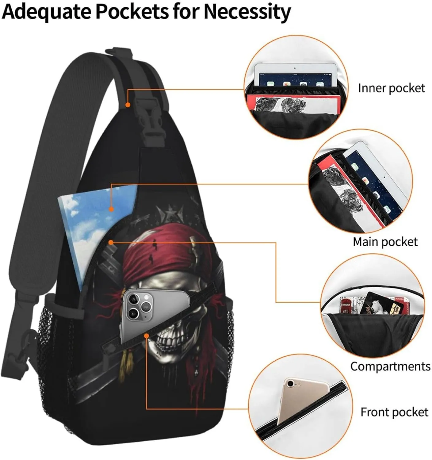 Skull Pirates Sling Bag for Women Men, Adjustable Rope Crossbody Single Shoulder Bag for Travel Hiking Cycling Gift