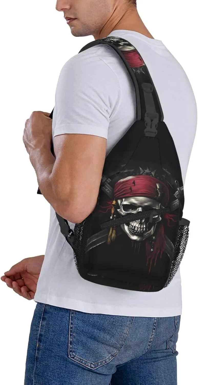 Skull Pirates Sling Bag for Women Men, Adjustable Rope Crossbody Single Shoulder Bag for Travel Hiking Cycling Gift
