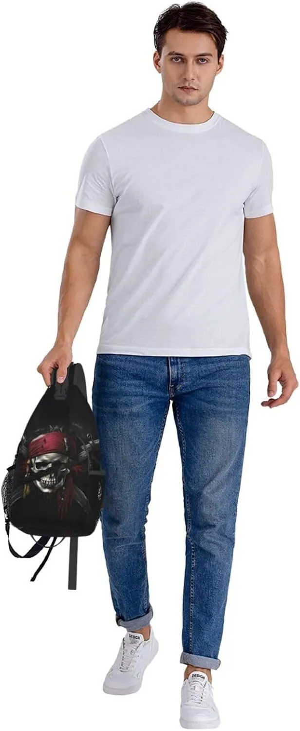 Skull Pirates Sling Bag for Women Men, Adjustable Rope Crossbody Single Shoulder Bag for Travel Hiking Cycling Gift
