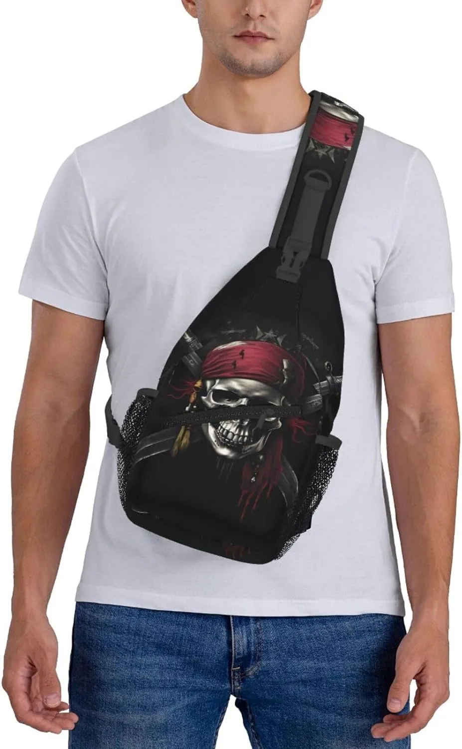 Skull Pirates Sling Bag for Women Men, Adjustable Rope Crossbody Single Shoulder Bag for Travel Hiking Cycling Gift