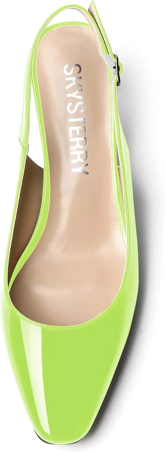 SKYSTERRY Women's Dress Evening Slingback Kitten Square Toe Office Patent Spool Low Heel Pumps Shoes 2 Inch