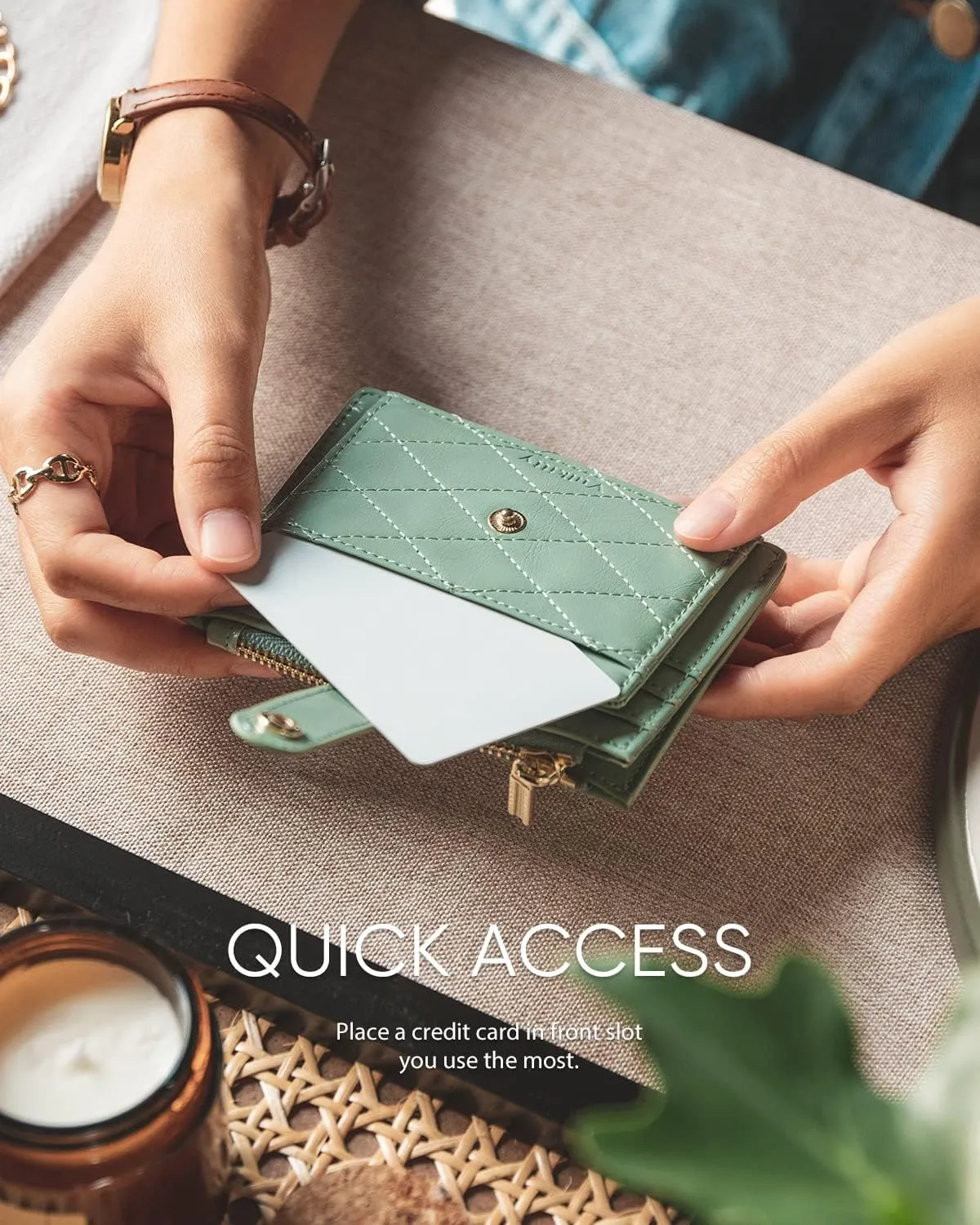 Slim Wallet for Women Minimalsit Bifold Leather Purse RFID Blocking Small Credit Card Wallet with Zipper Pocket(Sage)