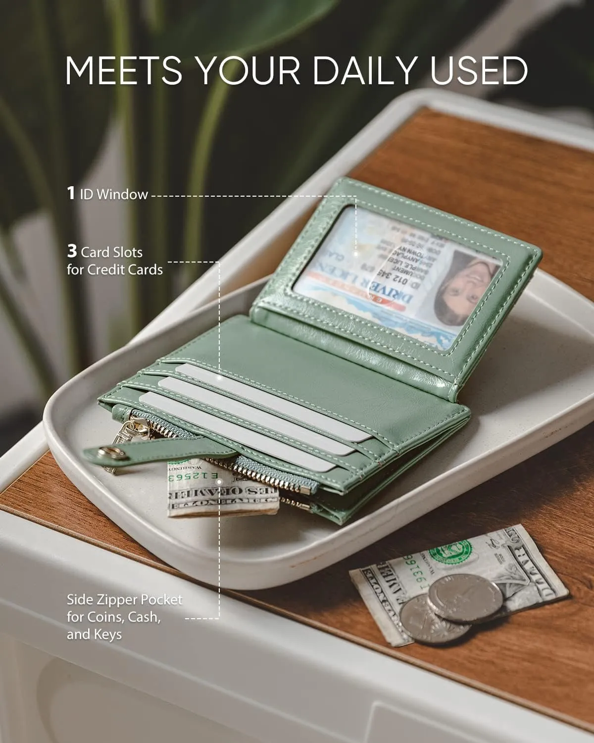 Slim Wallet for Women Minimalsit Bifold Leather Purse RFID Blocking Small Credit Card Wallet with Zipper Pocket(Sage)