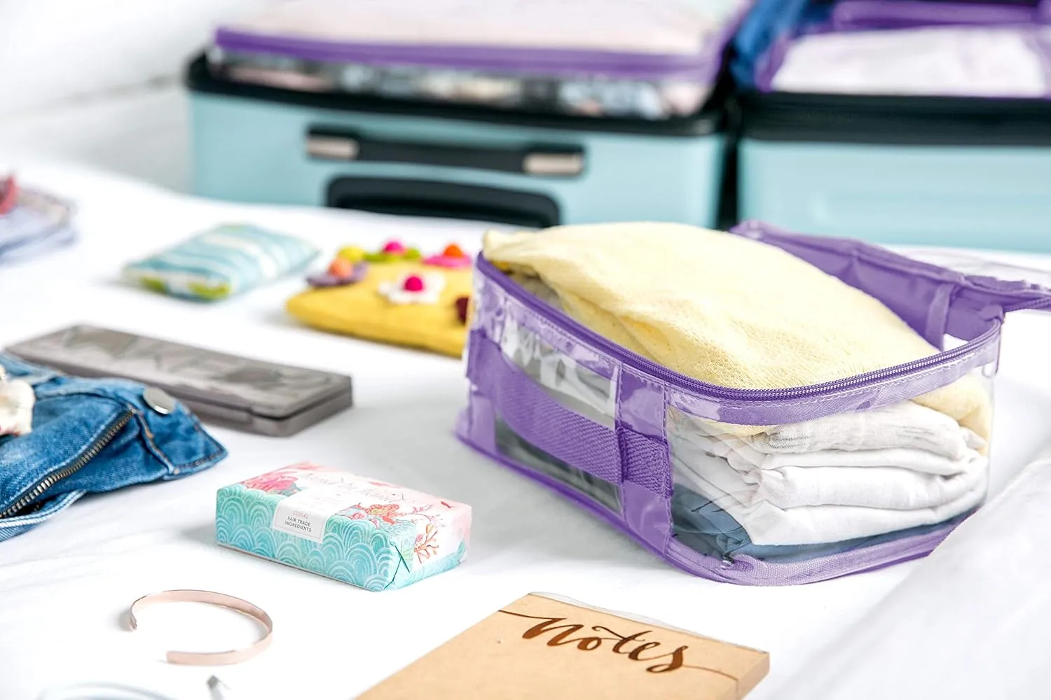 Small Clear Travel Packing Cube/See Through PVC Plastic Pouch for Carry On Suitcase, Backpack or Diaper Bag/Transparent Multipurpose Accessories, Makeup & Underwear Organizer w/Handle (Lilac)