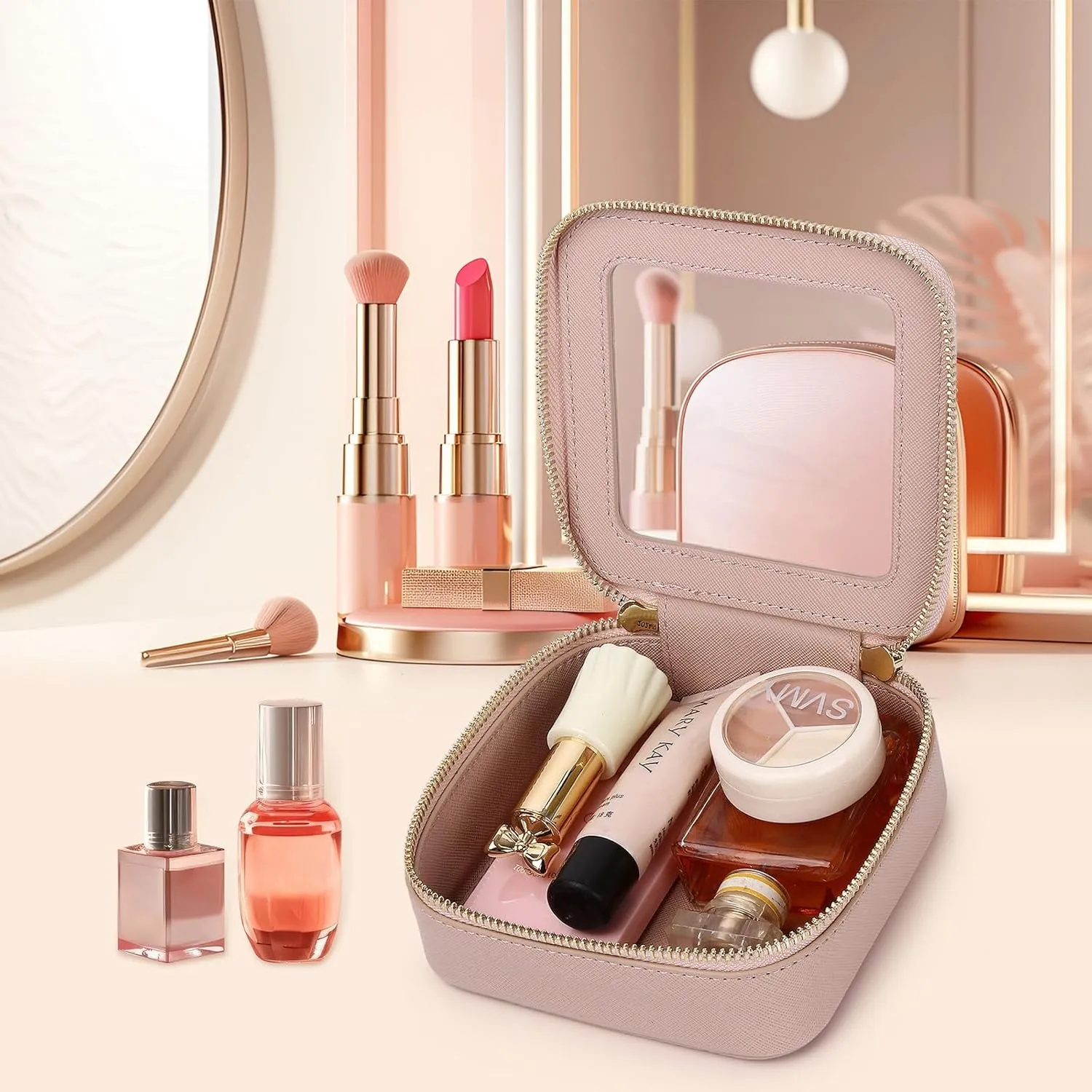 Small Makeup Bag Mini Clear Cosmetic Makeup Case & Toiletry Bag with Zipper Women's Purse Organizer & Car Essentials (Pink, MINI)