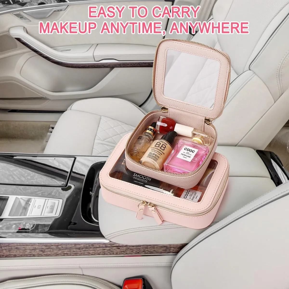 Small Makeup Bag Mini Clear Cosmetic Makeup Case & Toiletry Bag with Zipper Women's Purse Organizer & Car Essentials (Pink, MINI)