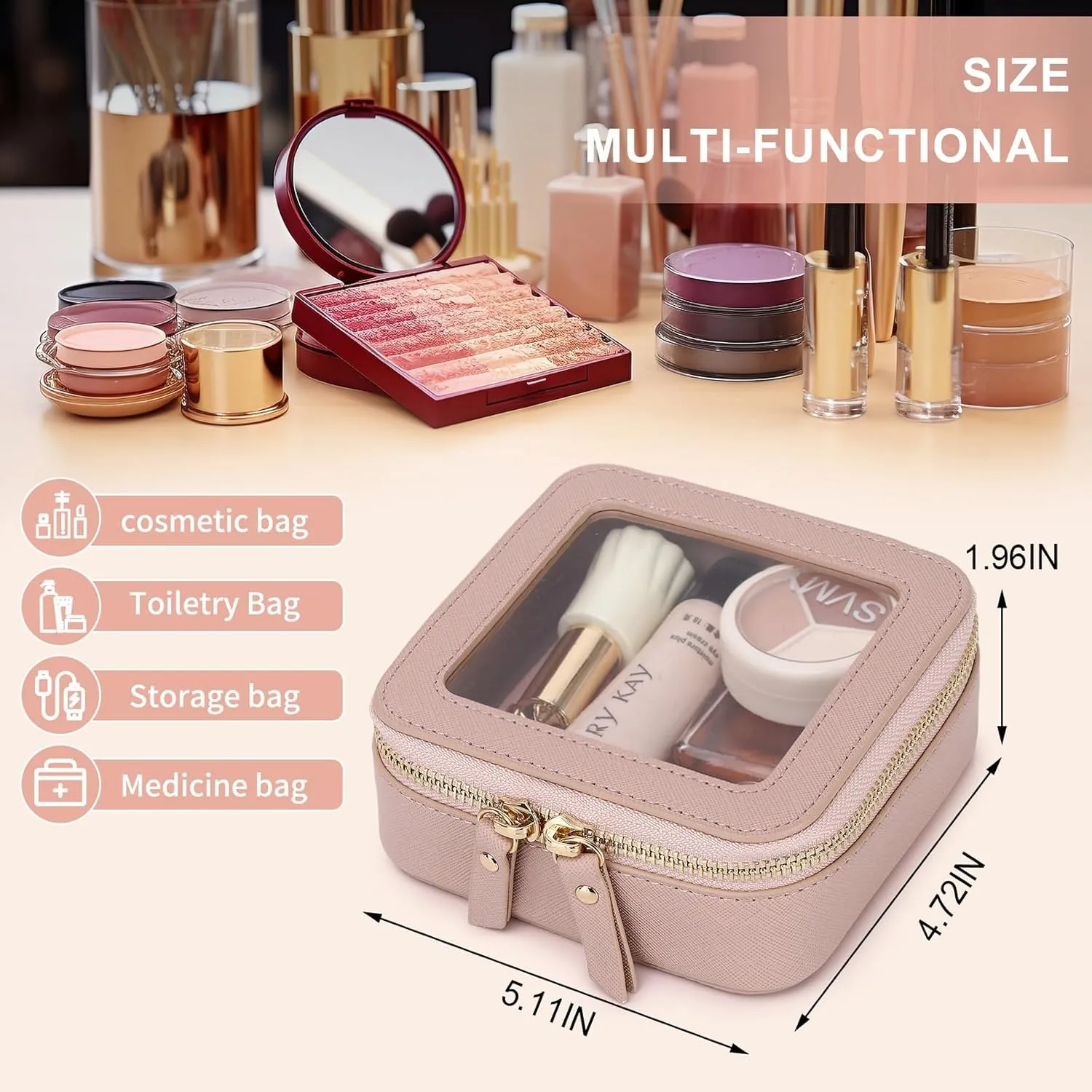Small Makeup Bag Mini Clear Cosmetic Makeup Case & Toiletry Bag with Zipper Women's Purse Organizer & Car Essentials (Pink, MINI)