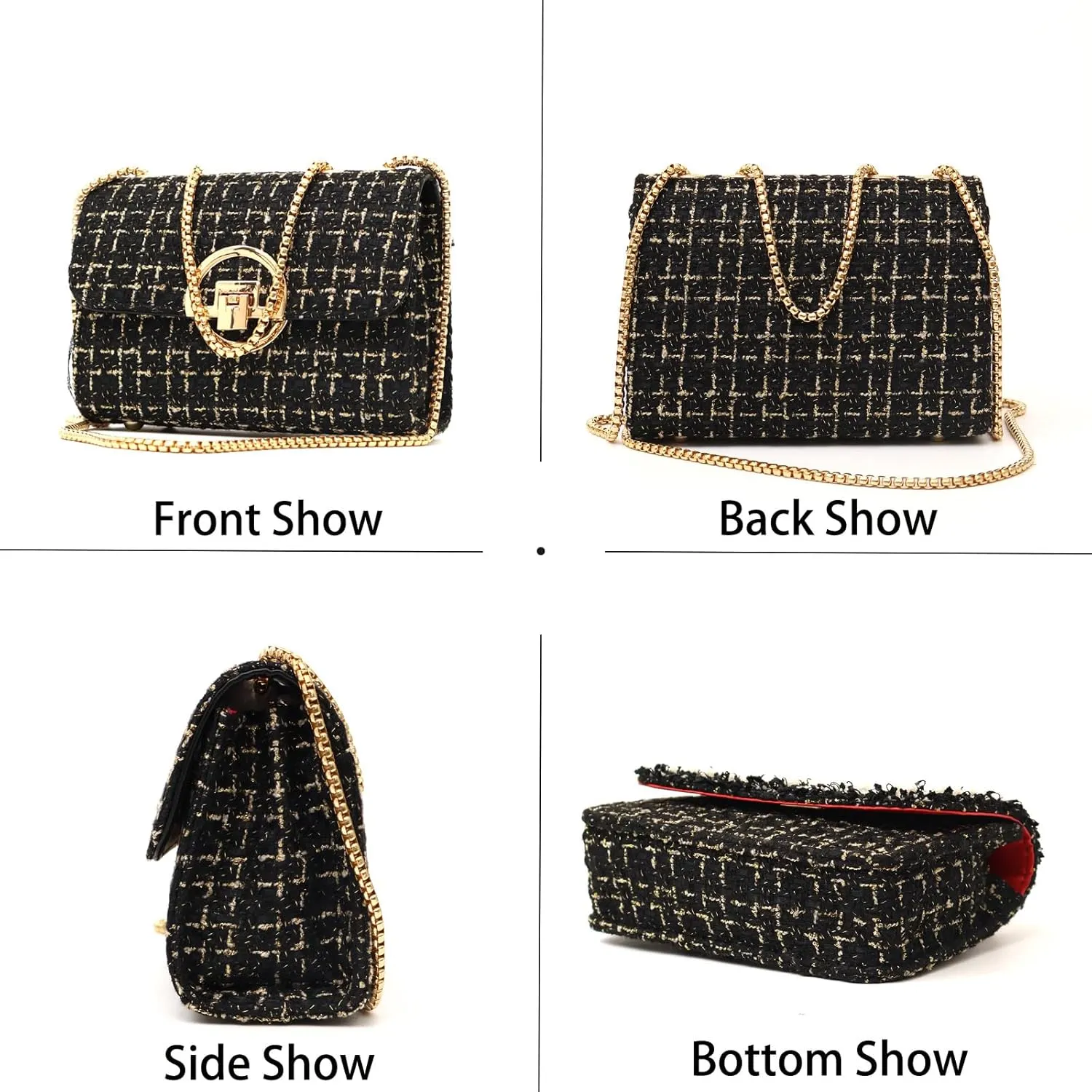 Small Quilted Crossbody Bag for Women, Designer Trendy Chain Clutch Mini Evening Shoulder Bag, Tweed Purse for Women