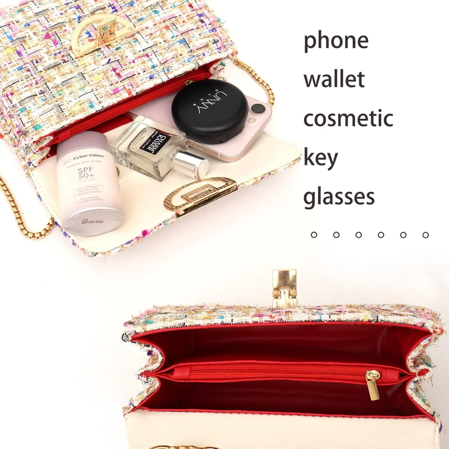 Small Quilted Crossbody Bag for Women, Designer Trendy Chain Clutch Mini Evening Shoulder Bag, Tweed Purse for Women