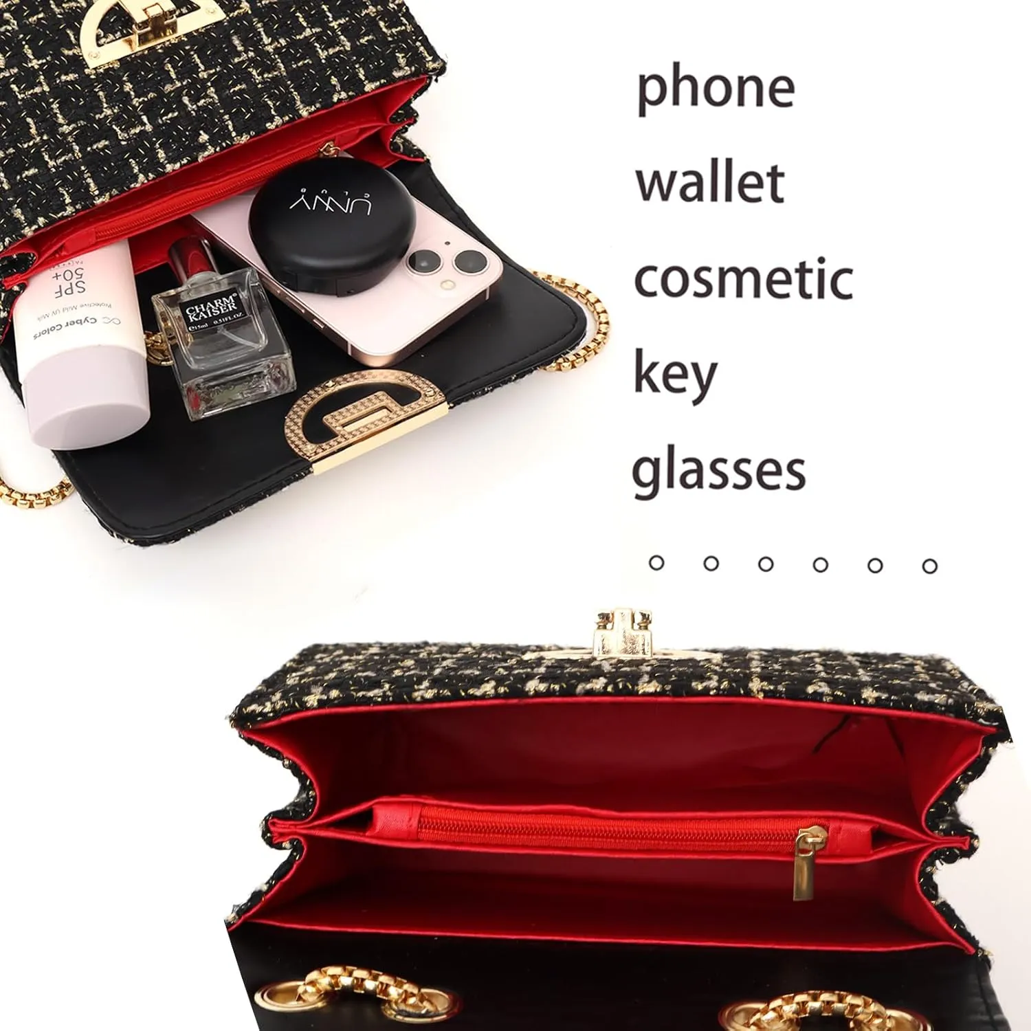 Small Quilted Crossbody Bag for Women, Designer Trendy Chain Clutch Mini Evening Shoulder Bag, Tweed Purse for Women