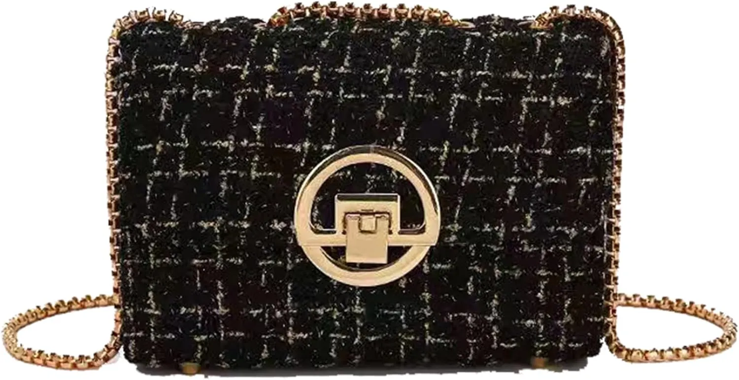 Small Quilted Crossbody Bag for Women, Designer Trendy Chain Clutch Mini Evening Shoulder Bag, Tweed Purse for Women