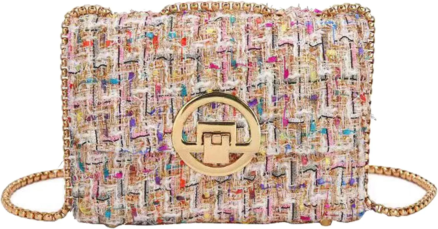 Small Quilted Crossbody Bag for Women, Designer Trendy Chain Clutch Mini Evening Shoulder Bag, Tweed Purse for Women