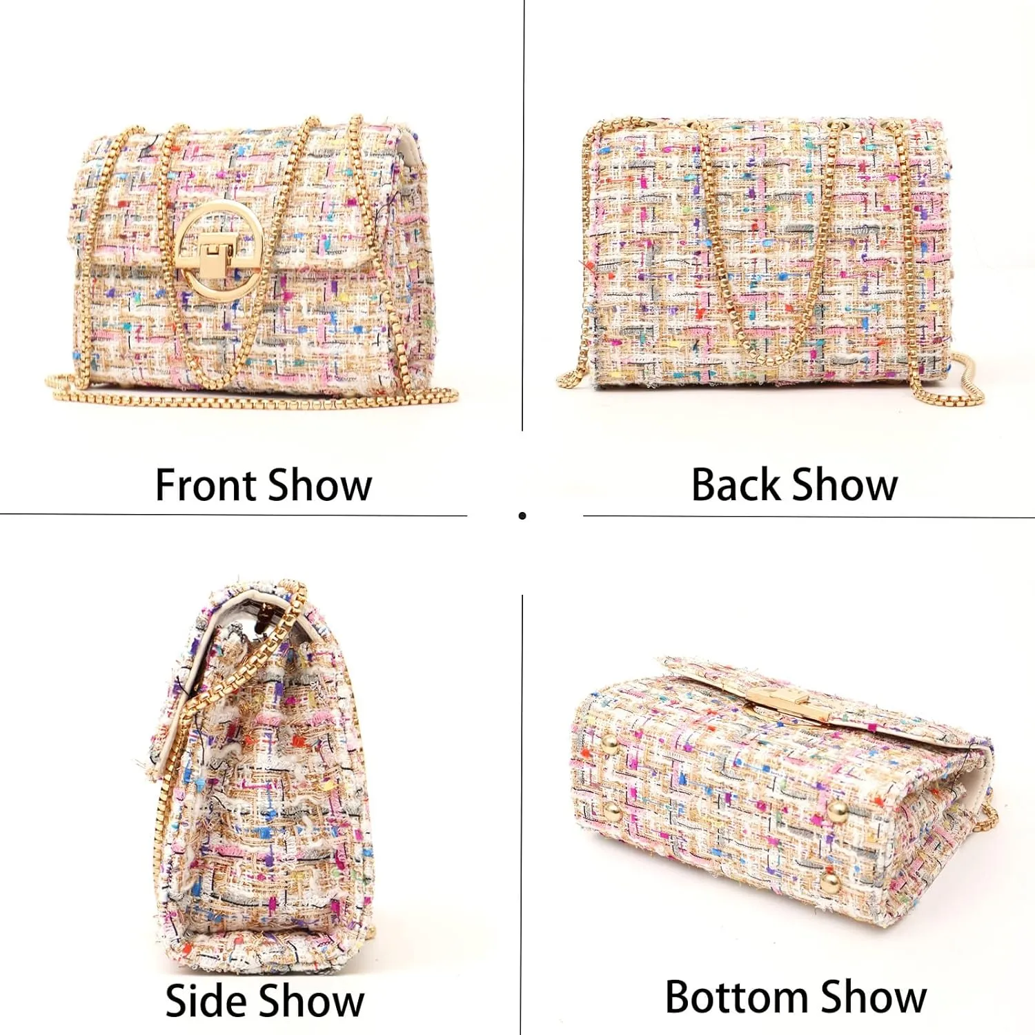 Small Quilted Crossbody Bag for Women, Designer Trendy Chain Clutch Mini Evening Shoulder Bag, Tweed Purse for Women