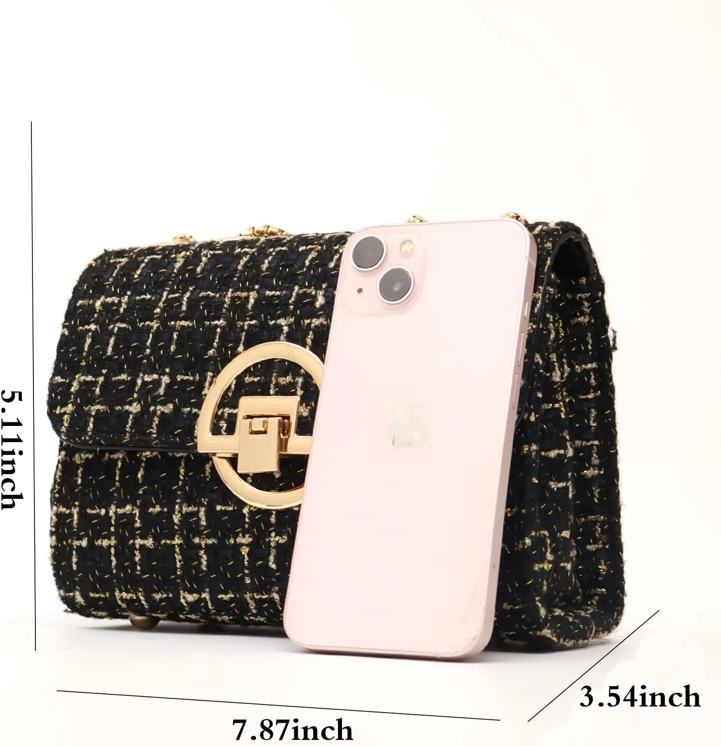 Small Quilted Crossbody Bag for Women, Designer Trendy Chain Clutch Mini Evening Shoulder Bag, Tweed Purse for Women