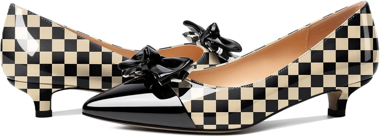 Soireelady Kitten Heels for Women Pointed Toe Low Heel Pumps Slip on Bow Heels 1.5 Inches Two Toned Evening Bride Wedding Party Dress Shoes