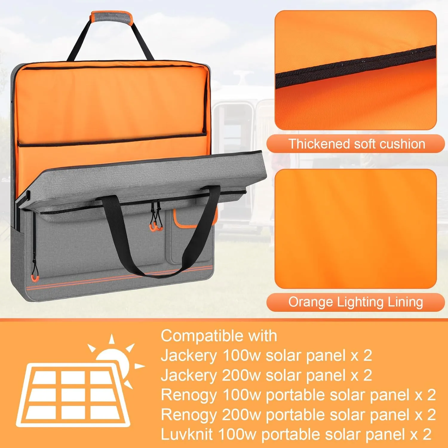 Solar Panel Storage Bag with Orange Lining, Deepened Opening, Zipper with Pull and Multi-Accessory Space Solar Panel Travel Carrying Case Fit for Jackery SolarSaga 100W 100X 200W, Gray