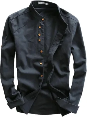 Soulona Men's Katana Japan Style Shirt, Premium Linen & Cotton Blend, V-Neck, Long Sleeve, S-5XL, Grey