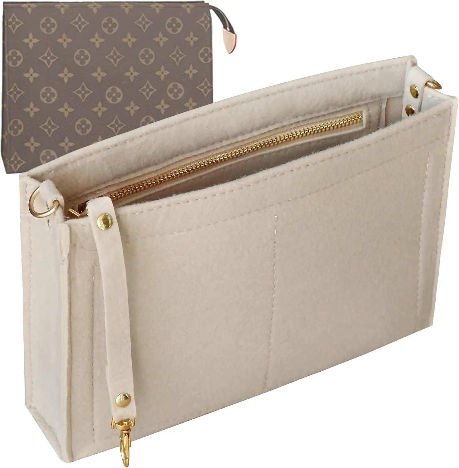 Soyizom Toiletry Pouch 19 26 Bag Organizer Insert for Cosmetics Tidy Organizer,Felt Purse Organizer Insert Ladies Tote Handbag Liner Pocket Organizer with Keychain & Gold Buckle & Zip(Large-26,Beige)