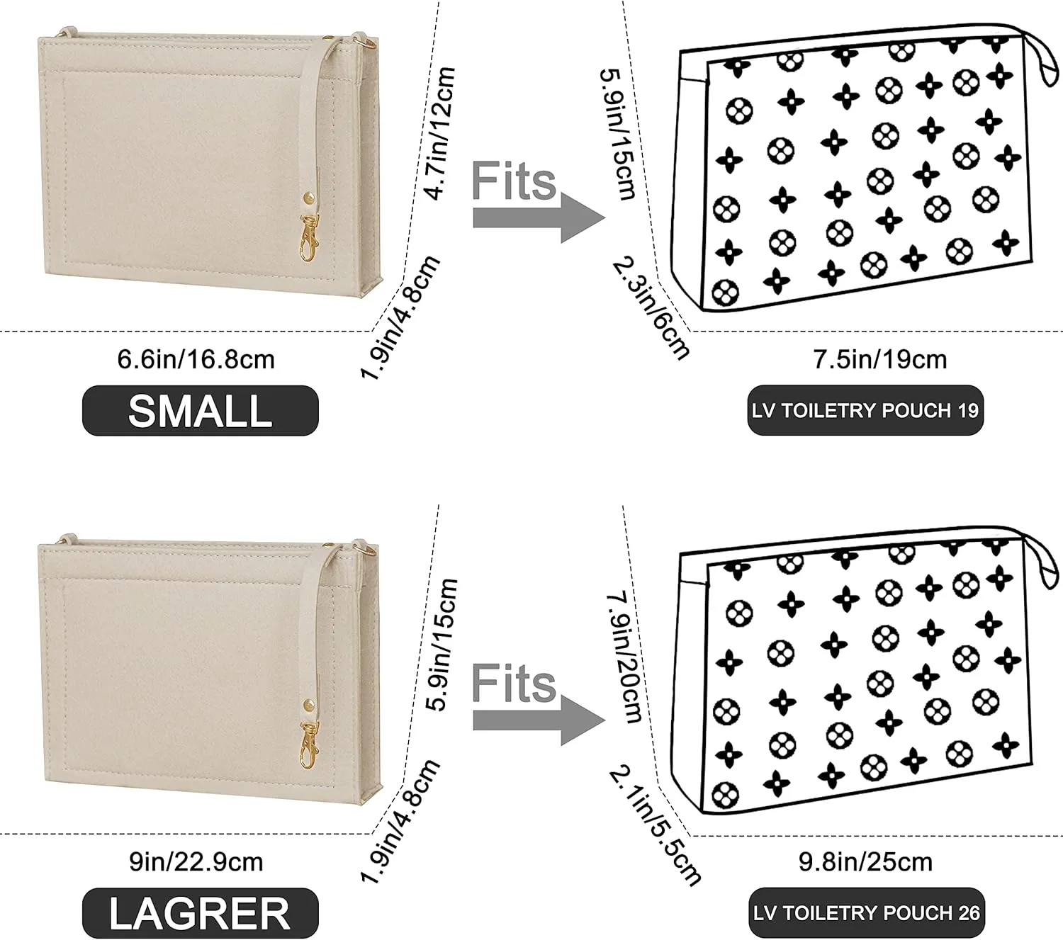Soyizom Toiletry Pouch 19 26 Bag Organizer Insert for Cosmetics Tidy Organizer,Felt Purse Organizer Insert Ladies Tote Handbag Liner Pocket Organizer with Keychain & Gold Buckle & Zip(Large-26,Beige)