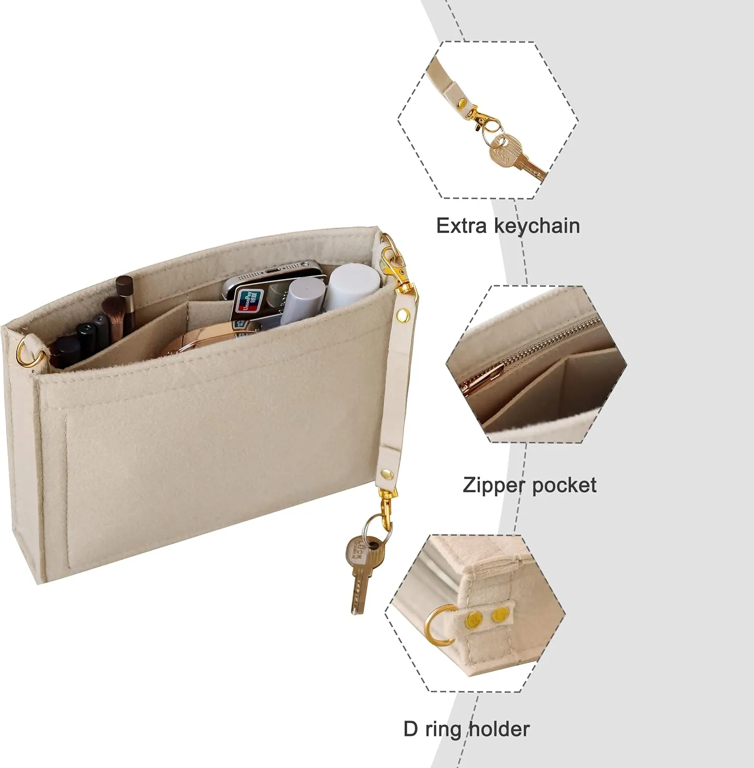 Soyizom Toiletry Pouch 19 26 Bag Organizer Insert for Cosmetics Tidy Organizer,Felt Purse Organizer Insert Ladies Tote Handbag Liner Pocket Organizer with Keychain & Gold Buckle & Zip(Large-26,Beige)