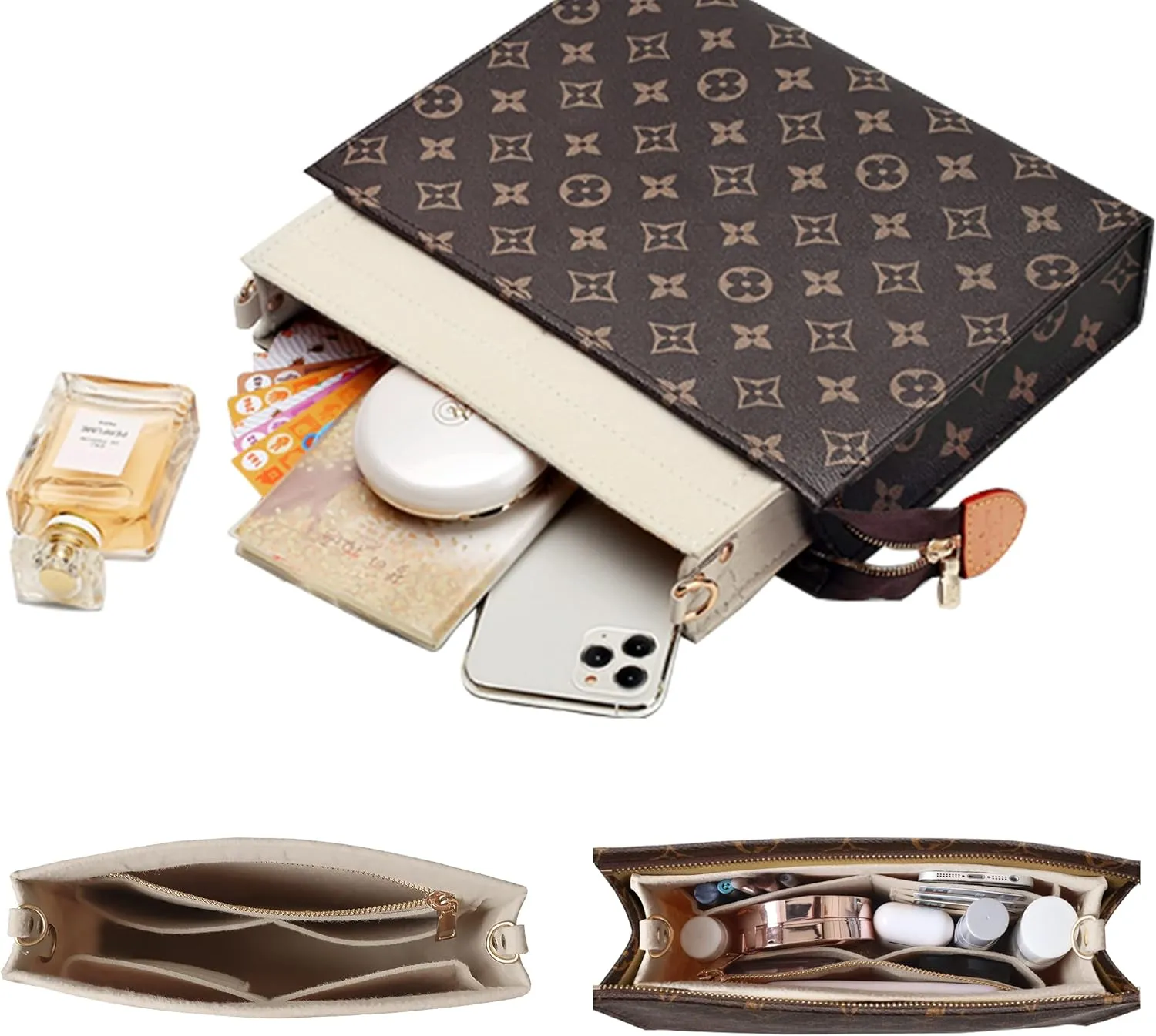 Soyizom Toiletry Pouch 19 26 Bag Organizer Insert for Cosmetics Tidy Organizer,Felt Purse Organizer Insert Ladies Tote Handbag Liner Pocket Organizer with Keychain & Gold Buckle & Zip(Large-26,Beige)