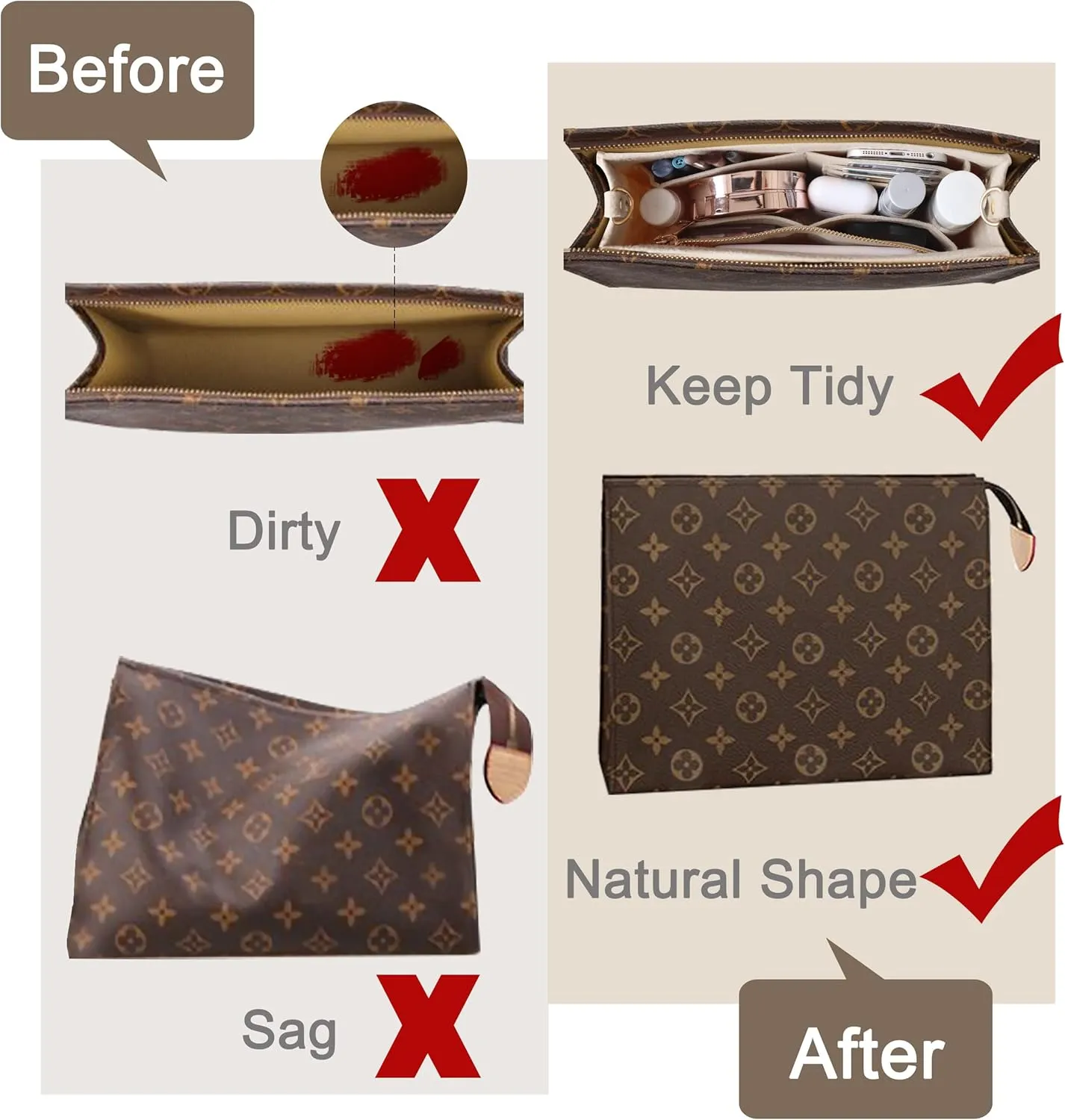 Soyizom Toiletry Pouch 19 26 Bag Organizer Insert for Cosmetics Tidy Organizer,Felt Purse Organizer Insert Ladies Tote Handbag Liner Pocket Organizer with Keychain & Gold Buckle & Zip(Large-26,Beige)