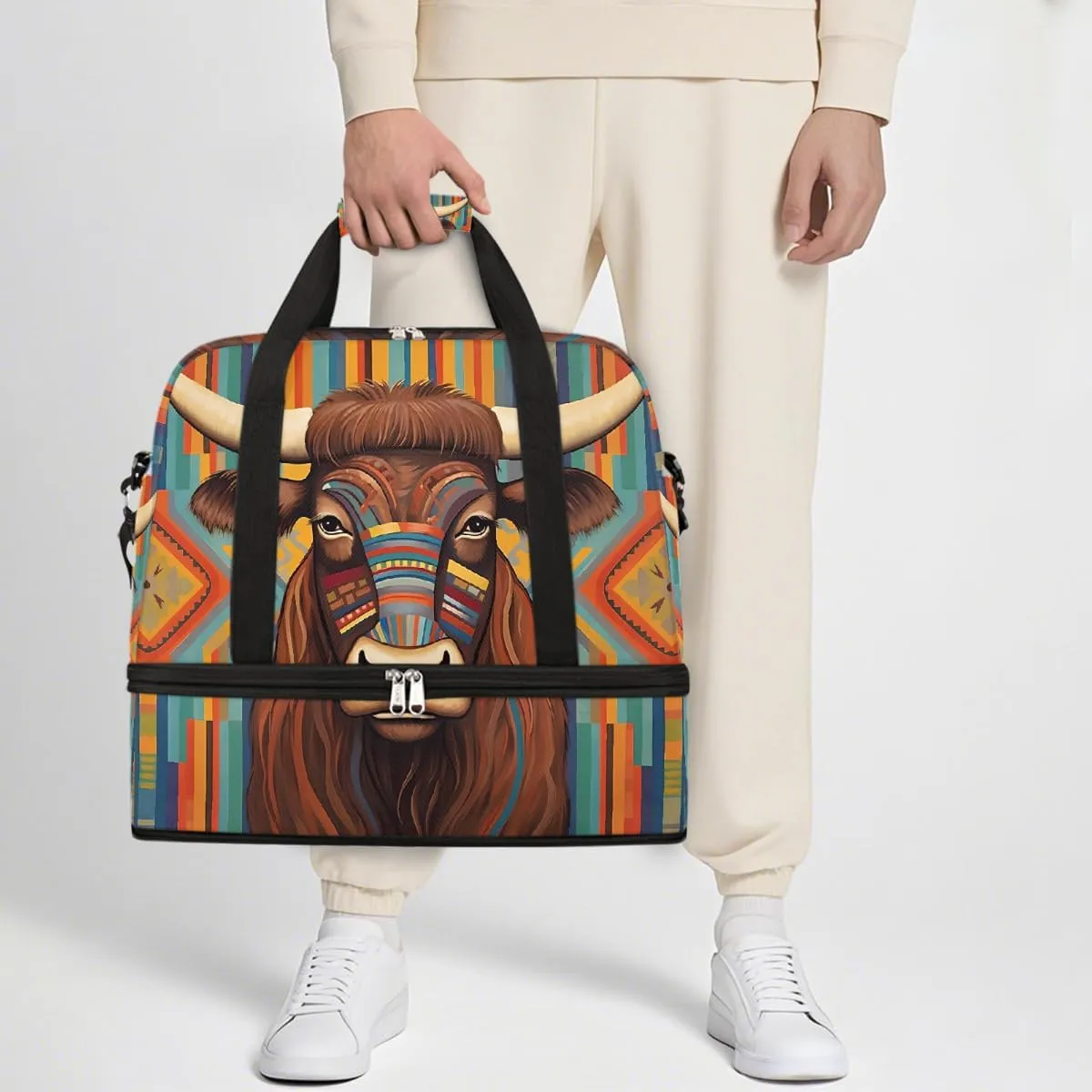 Sports Gym Bag Cow Ethnic Style Illustration Large Travel Duffel Bag With Shoe Compartment Foldable Waterproof Carry-On Weekend Travel Bags for Camping Overnight Yoga Hospital Travel Bags