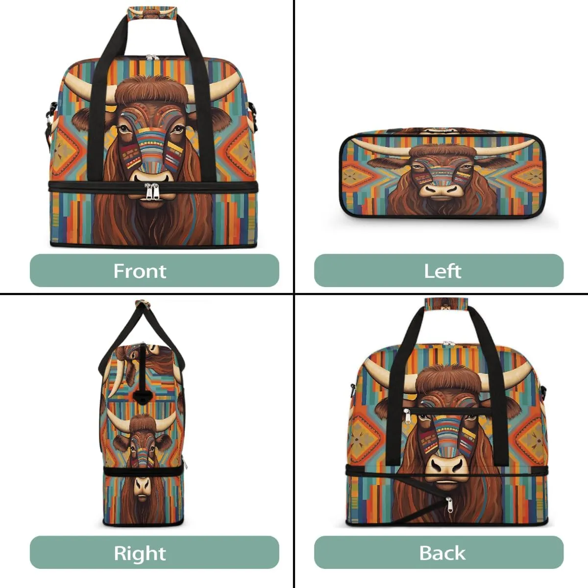 Sports Gym Bag Cow Ethnic Style Illustration Large Travel Duffel Bag With Shoe Compartment Foldable Waterproof Carry-On Weekend Travel Bags for Camping Overnight Yoga Hospital Travel Bags