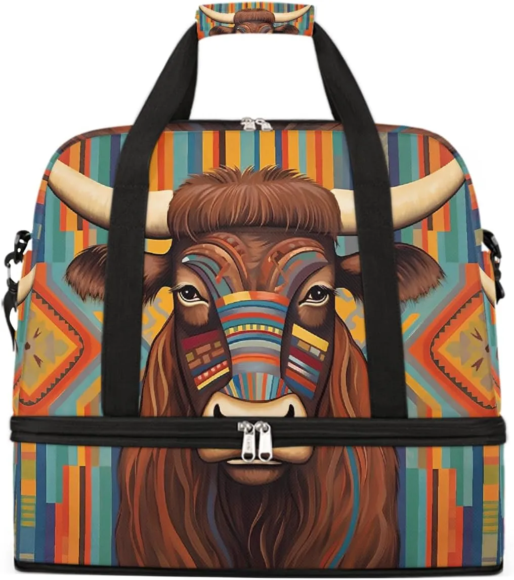 Sports Gym Bag Cow Ethnic Style Illustration Large Travel Duffel Bag With Shoe Compartment Foldable Waterproof Carry-On Weekend Travel Bags for Camping Overnight Yoga Hospital Travel Bags