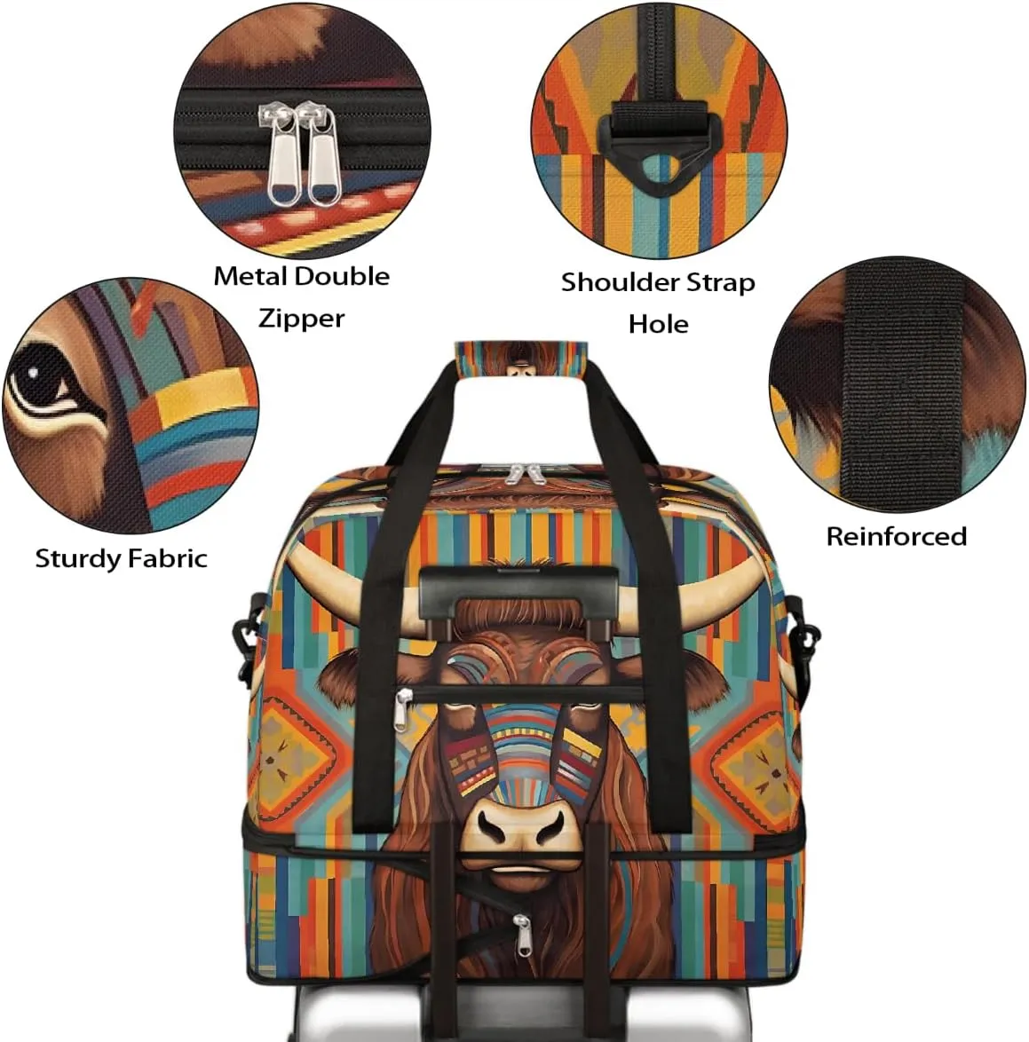 Sports Gym Bag Cow Ethnic Style Illustration Large Travel Duffel Bag With Shoe Compartment Foldable Waterproof Carry-On Weekend Travel Bags for Camping Overnight Yoga Hospital Travel Bags