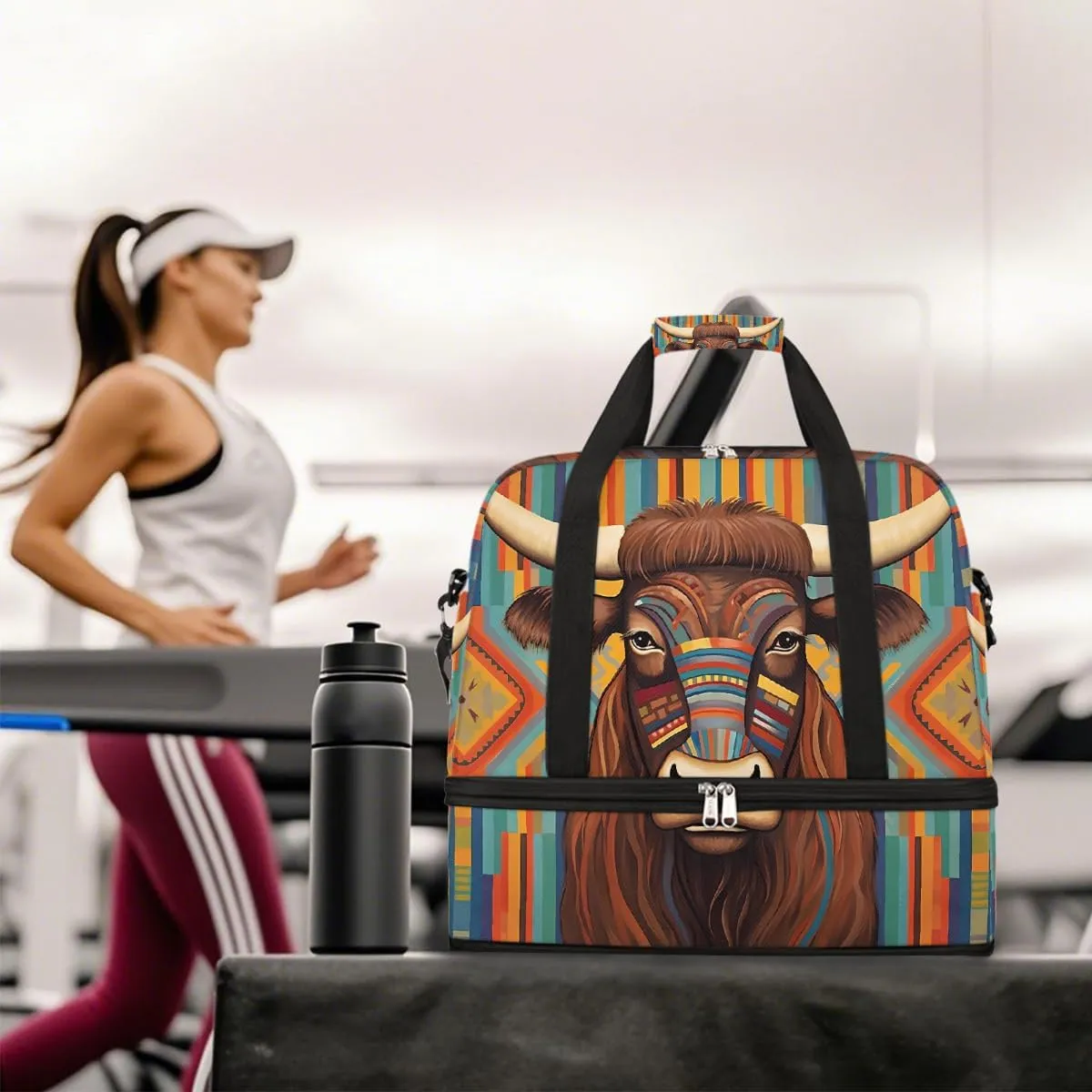 Sports Gym Bag Cow Ethnic Style Illustration Large Travel Duffel Bag With Shoe Compartment Foldable Waterproof Carry-On Weekend Travel Bags for Camping Overnight Yoga Hospital Travel Bags
