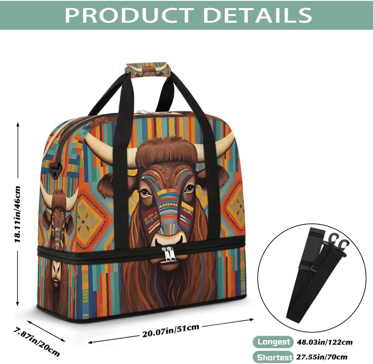 Sports Gym Bag Cow Ethnic Style Illustration Large Travel Duffel Bag With Shoe Compartment Foldable Waterproof Carry-On Weekend Travel Bags for Camping Overnight Yoga Hospital Travel Bags