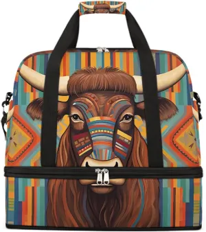 Sports Gym Bag Cow Ethnic Style Illustration Large Travel Duffel Bag With Shoe Compartment Foldable Waterproof Carry-On Weekend Travel Bags for Camping Overnight Yoga Hospital Travel Bags