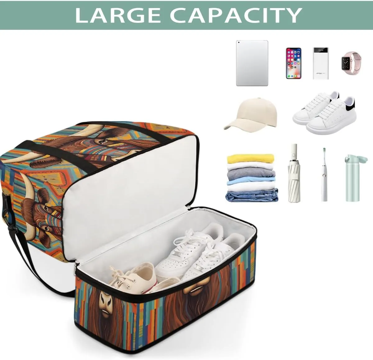 Sports Gym Bag Cow Ethnic Style Illustration Large Travel Duffel Bag With Shoe Compartment Foldable Waterproof Carry-On Weekend Travel Bags for Camping Overnight Yoga Hospital Travel Bags