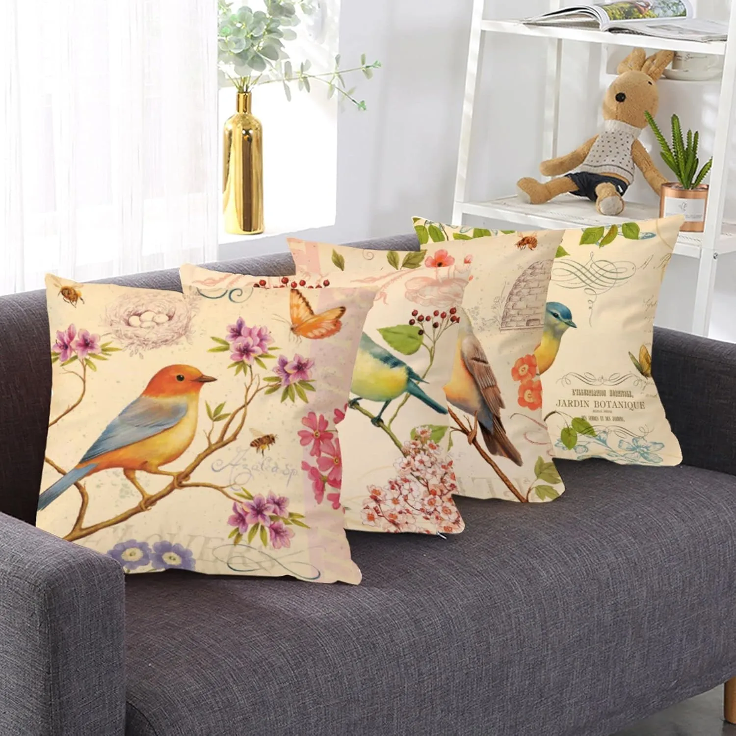 Spring Outdoor Bird Flower Decorative Throw Pillow Covers Both Sides Hummingbird Print Design Linen 16x16 Set of 4 with Zipper for Patio Home Couch Sofa Bedroom Decor