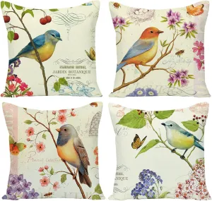 Spring Outdoor Bird Flower Decorative Throw Pillow Covers Both Sides Hummingbird Print Design Linen 16x16 Set of 4 with Zipper for Patio Home Couch Sofa Bedroom Decor