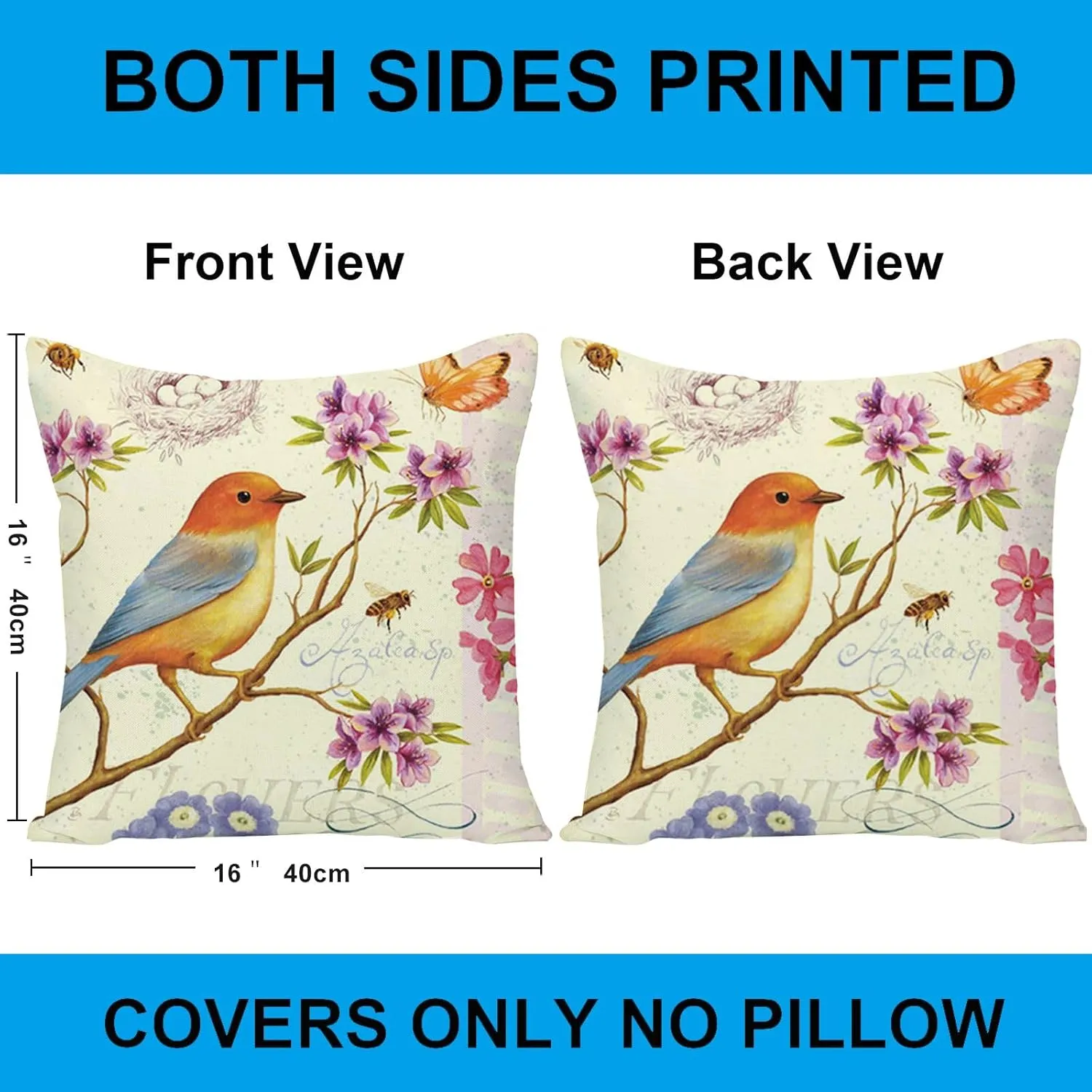 Spring Outdoor Bird Flower Decorative Throw Pillow Covers Both Sides Hummingbird Print Design Linen 16x16 Set of 4 with Zipper for Patio Home Couch Sofa Bedroom Decor