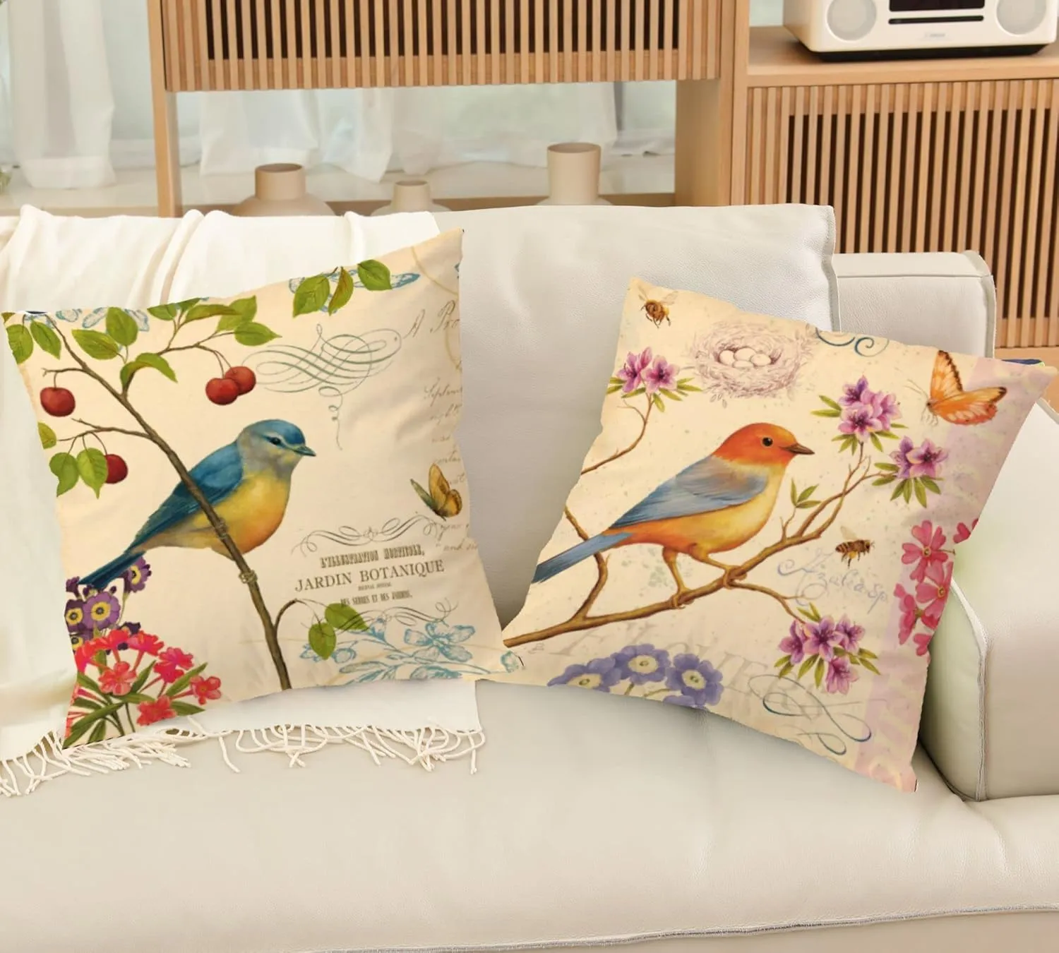 Spring Outdoor Bird Flower Decorative Throw Pillow Covers Both Sides Hummingbird Print Design Linen 16x16 Set of 4 with Zipper for Patio Home Couch Sofa Bedroom Decor