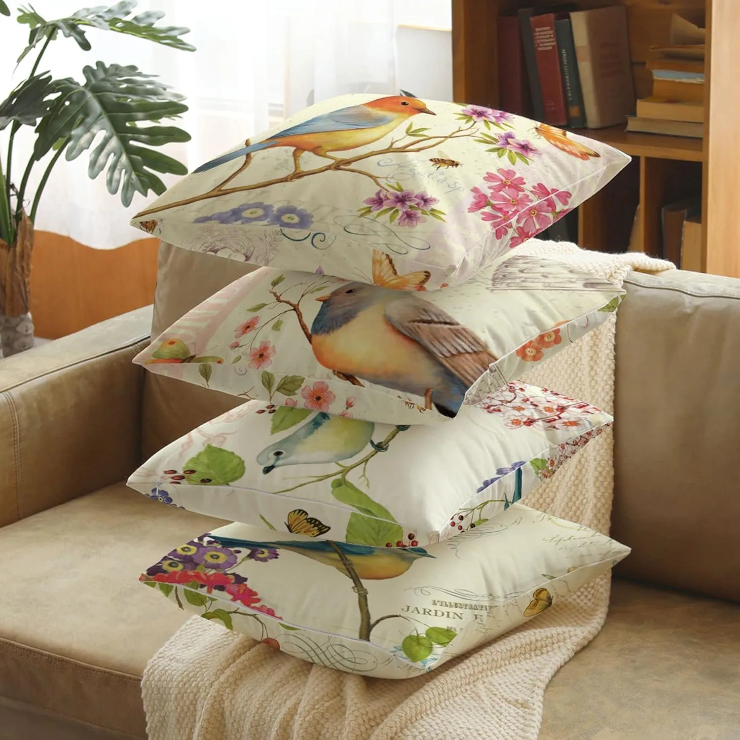 Spring Outdoor Bird Flower Decorative Throw Pillow Covers Both Sides Hummingbird Print Design Linen 16x16 Set of 4 with Zipper for Patio Home Couch Sofa Bedroom Decor