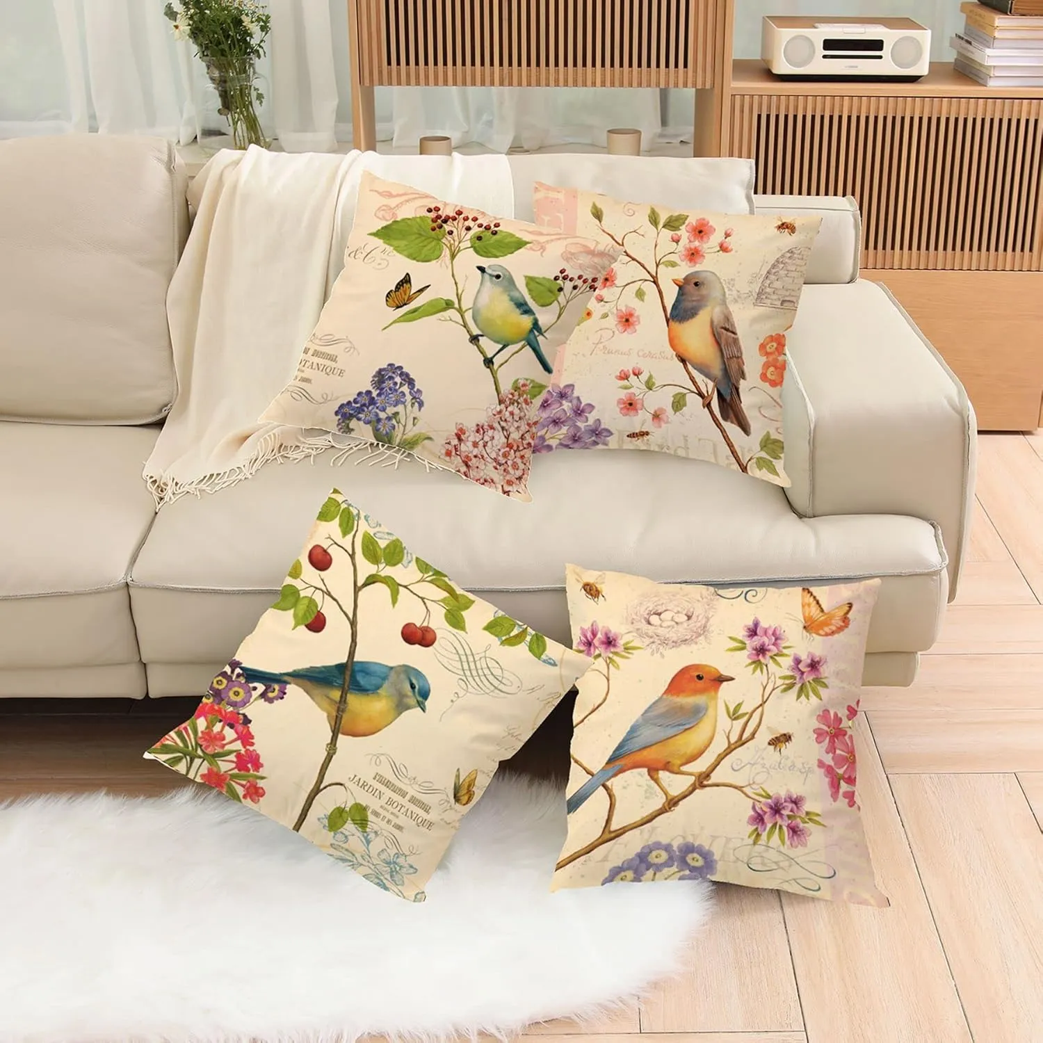 Spring Outdoor Bird Flower Decorative Throw Pillow Covers Both Sides Hummingbird Print Design Linen 16x16 Set of 4 with Zipper for Patio Home Couch Sofa Bedroom Decor